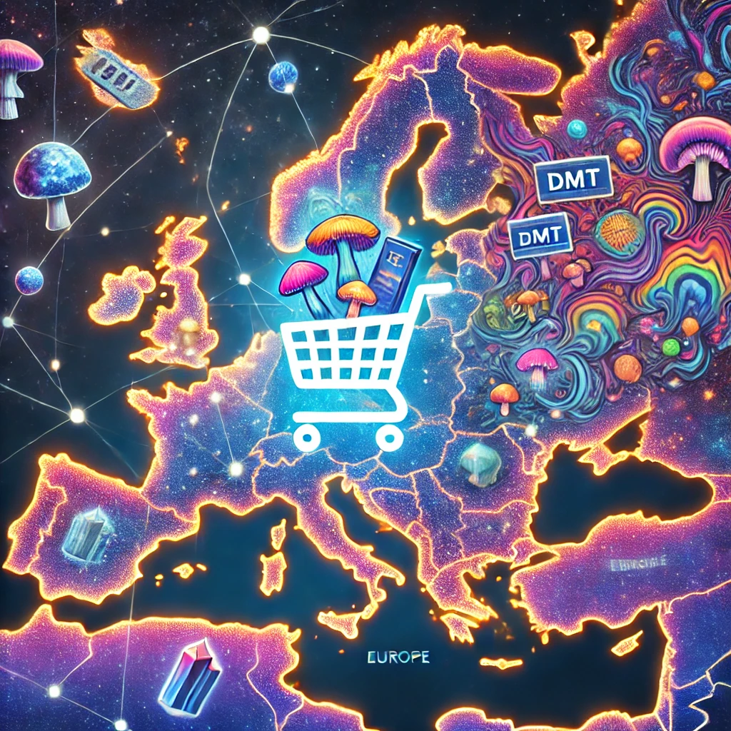 Here is an artistic representation of "Buy Psychedelics Online in Europe." It captures the concept of digital shopping with psychedelic elements and a European focus. Let me know if there's anything else you'd like to enhance this visual! Buy psychedelics online in Europe