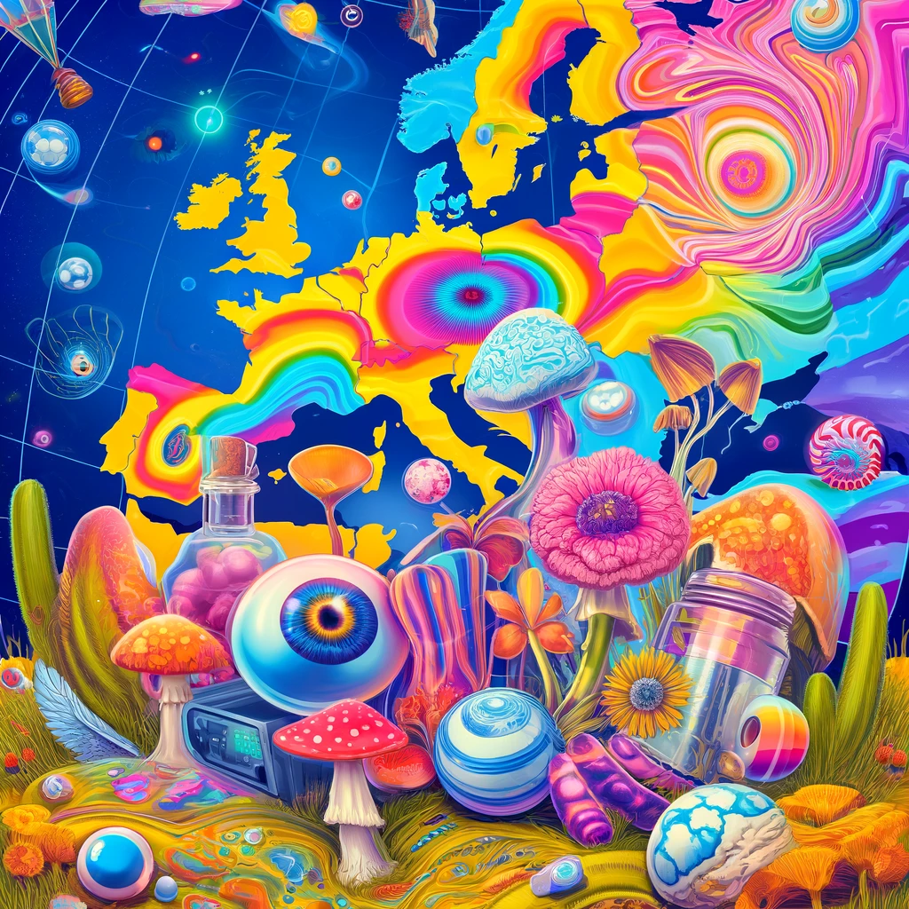 What Are Psychedelics? A Beginner’s Guide for European Buyers." It features vibrant colors and abstract patterns, along with symbols like mushrooms and psychedelic cacti, creating an atmosphere of exploration and transformation.
